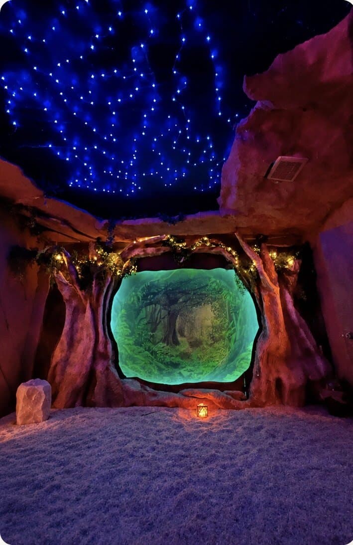 The glowing forest portal and starlit ceiling inside the salt cave