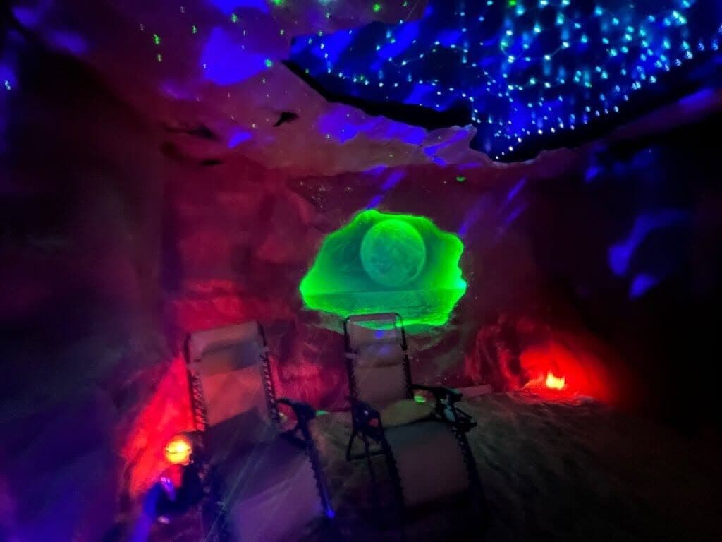 Inside the Serenity salt cave — a warm Himalayan salt glow