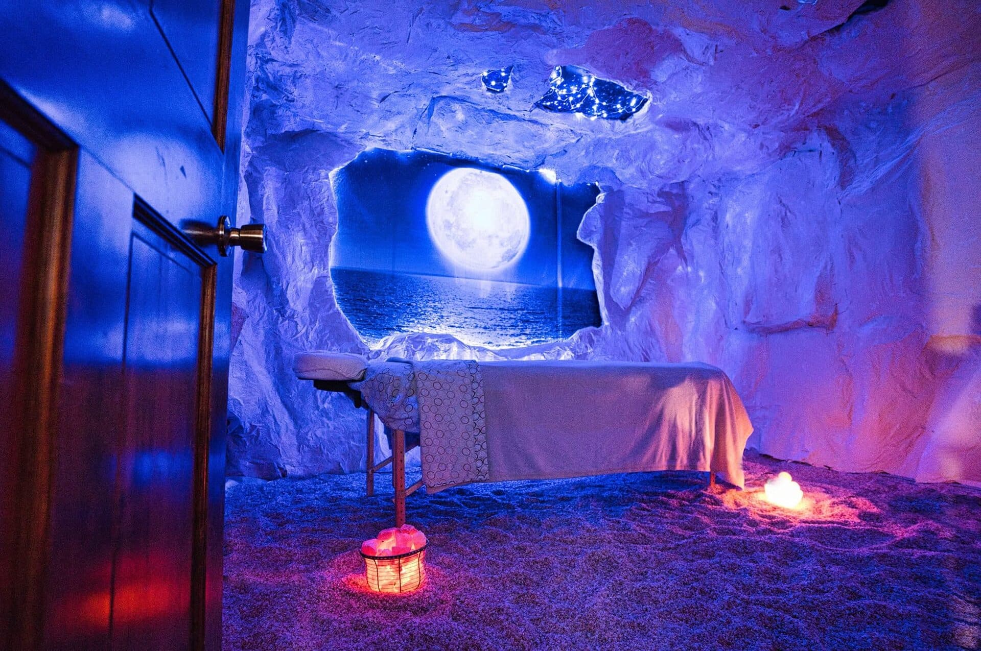 The softly lit salt cave at Serenity Salt Cave & Spa